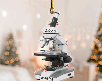 Personalized Microscope Ornament, Custom Science Christmas Ornament, Lab Technician Gift, Biology Teacher Decor, Science Lab Ornament NGXR10