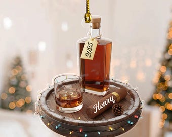 Personalized Whiskey and Cigar Christmas Ornament 2025, Custom Bourbon Glass Ornament, Gentlemen Gift for Him Holiday Decor JCTW33