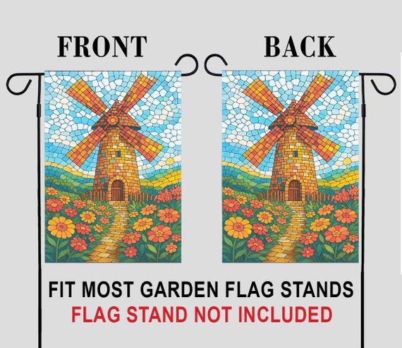 Stained Glass Windmill and Flower Field Garden Flag, Stained Glass