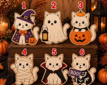 Decoración de bloques de madera con forma de gato para Halloween, lindo adorno de gato para estante, decoración de escritorio con forma de gato vampiro, bruja, fantasma, calabaza, bandeja escalonada, regalo de Halloween NRD-NTH04