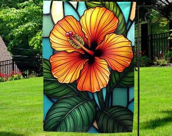 Hibiscus Flowers Stained Glass Garden Flag, Floral Home Banner