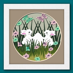 Joyeuses Pâques Shadow Box 3D, Svg de Pâques lapin mignon, oeuf de lapin Svg, Svg de caisson lumineux le jour de Pâques, art du papier cartonné en couches, modèle de boîte d'ombre