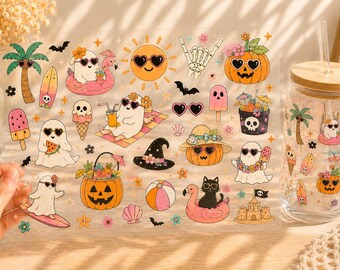 May include: A clear sticker sheet featuring various summer and Halloween-themed illustrations, including ghosts wearing heart-shaped sunglasses, pumpkins, palm trees, a black cat on a flamingo float, and a sandcastle, alongside a glass tumbler.