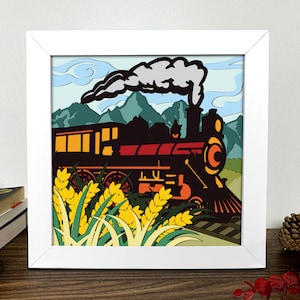 Train Shadow Box 3D Svg, Train 3D Svg, Train 3D Box Svg, Train Light Box Svg, Train Svg, Arte de cartulina en capas, Plantilla de caja de sombras