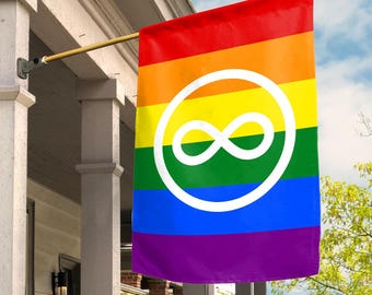 May include: A rainbow pride flag with an infinity symbol in a white circle in the center. The flag is hanging from a wooden pole.
