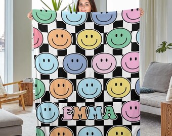 Groovy Smile Face Blanket, Velveteen Plush Blanket, Parade Blanket, Gift for College Dorm, Kids Blankets, Boho Fleece BXLE32