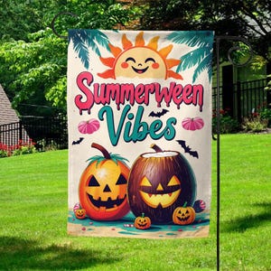 May include: A decorative garden flag with the words "Summerween Vibes" in pink and teal. The flag features a smiling sun, pumpkins, bats, and palm fronds. The pumpkins have jack-o'-lantern faces. The flag is hanging on a black metal stand.