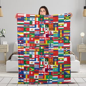 May include: A colorful throw blanket featuring a patchwork design of various national flags from around the world. The blanket is made of soft, comfortable fabric and is perfect for adding a touch of global style to any room.