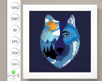 3D Wolf Shadow Box Svg, Wolf 3D Box Svg ,Wolf Light Box Svg ,Wolf 3D Svg ,Layered Cardstock Art, Shadow Box Template