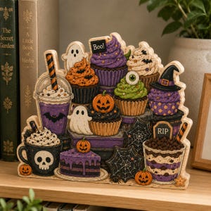 Halloween Cupcakes Wooden Block 2D Flat Spooky Treats Coffee Cake Miniature Kitchen Table Decor JRD-KPD06