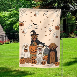 May include: Halloween garden flag featuring cartoon dogs dressed in costumes. The dogs are dressed as a witch, a mummy, a vampire, and a ghost. Pumpkins, bats, ghosts, and leaves are scattered across the tan background.