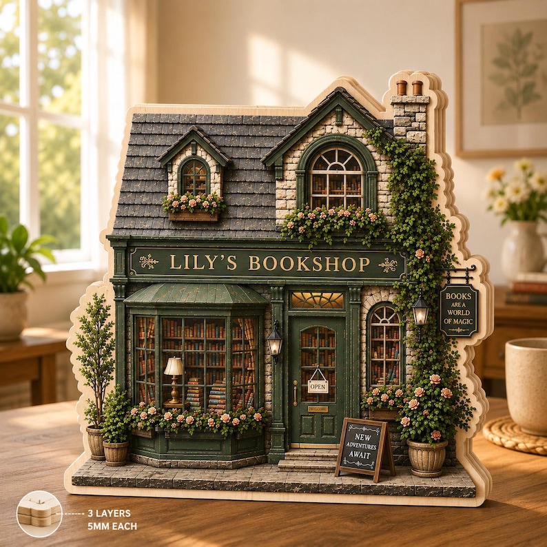 May include: A wooden 3-layer 5mm thick model of Lily's Bookshop featuring a dark green storefront, a stone chimney, and climbing vines. The shop has a bay window filled with books, a front door with an open sign, and a chalkboard reading New Adventures Await.