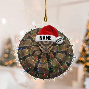 May include: A Christmas ornament featuring a coiled snake with a red Santa hat. The hat has the word "NAME" and the year "2025" printed on it. The snake is wrapped in a string of colorful Christmas lights.