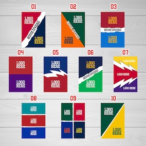May include: Ten different designs for a logo template. Each design features a different color scheme and layout. The text "LOGO HERE" is repeated in each design.