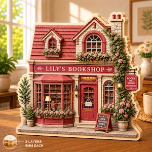May include: A miniature wooden model of Lily's Bookshop featuring a red roof, stone-textured walls, and climbing vines with pink flowers. The shop has a bay window, a front door with an open sign, and a sign reading Books Are A World Of Magic.