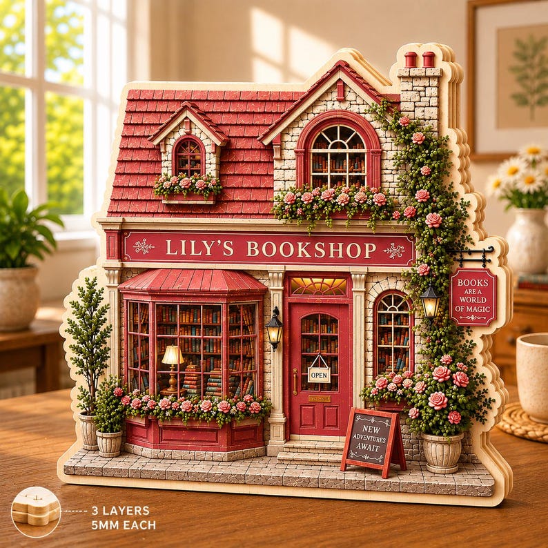 May include: A miniature wooden model of Lily's Bookshop featuring a red roof, stone-textured walls, and climbing vines with pink flowers. The shop has a bay window, a front door with an open sign, and a sign reading Books Are A World Of Magic.