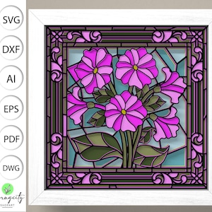 3D SVG Witraż Fioletowe Kwiaty Cień Box, 3D Kwiaty svg, 3D Kwiatowy Witraż Cięcie Papieru, Fioletowe Cień Box svg, Warstwowa Sztuka Kartki