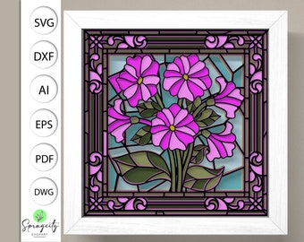 3D SVG Stained Glass Violet Flowers Shadow Box, 3D Flowers svg,3D Floral Stained Glass Papercut,Violets Shadow Box svg,Layered Cardstock Art