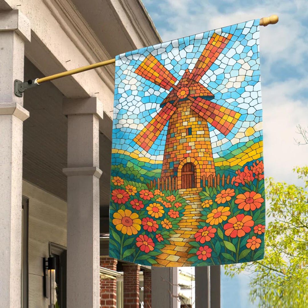 Stained Glass Windmill and Flower Field Garden Flag, Stained Glass