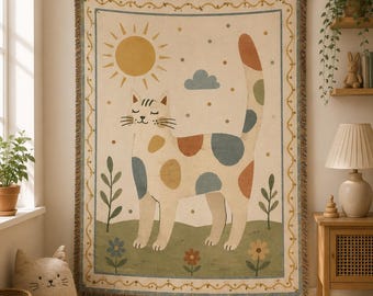 Colorful Cat Woven Blanket, Cute Cat Throw Blanket, Whimsical Nursery Wall Tapestry, Cat Lover Home Decor BRD-XG119