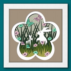 Joyeuses Pâques Shadow Box 3D, Svg de Pâques lapin mignon, oeuf de lapin Svg, Svg de caisson lumineux le jour de Pâques, art du papier cartonné en couches, modèle de boîte d'ombre