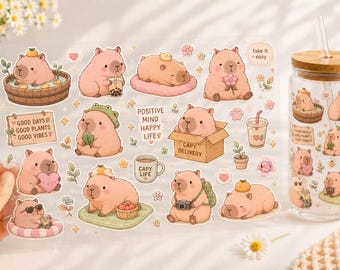 Pegatina Kawaii Capybara UV DTF, Calcomanía para taza de Capybara, Pegatina rosa para lata de vidrio de Capybara, Transferencia para taza Libbey, Regalo para amantes de los Capybara NRD-NTH08