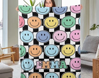 Groovy Smile Face Blanket, Velveteen Plush Blanket, Parade Blanket, Gift for College Dorm, Kids Blankets, Boho Fleece BXLE32