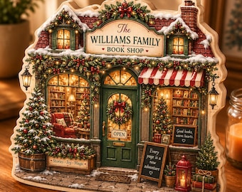 Personalized Christmas Book Shop Wooden Block, Custom Bookstore Desk Decor, Book Lover Christmas Gift, Cozy Holiday Library Decor NRD-ESH49