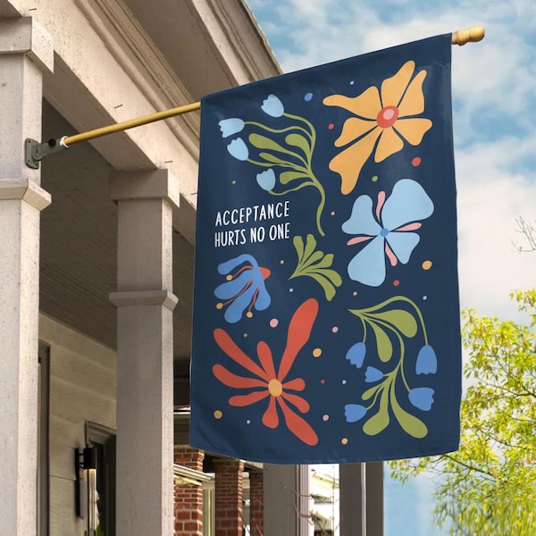 Bandera de jardín del orgullo, pancarta de casa "La aceptación no daña a nadie", bandera de doble cara del orgullo y la amabilidad LGBTQIA, bandera retro del orgullo con diseño floral abstracto NGPS08