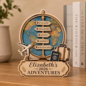 May include: A wooden decorative globe display featuring a world map background, a white airplane model, a suitcase, and a passport. Five directional signs point to Iceland, Singapore, Kyoto, Sydney, and New Zealand. Text reads: Elizabeth's 2026 ADVENTURES.