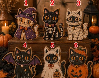 Decoración de bloques de madera con forma de gato para Halloween, decoración de escritorio con gato negro, adorno de estante con forma de gato bruja para Halloween, decoración de bandeja escalonada con diseño de gato espeluznante para otoño NRD-NTH01
