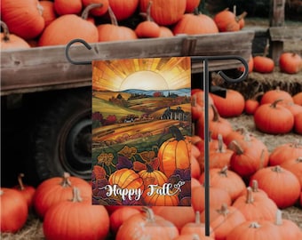 Fall Pumpkin Thanksgiving Autumn Field Sun Sunrise Stained Glass Welcome Garden Flag, Welcome Garden Flag House Decorations NFSF13