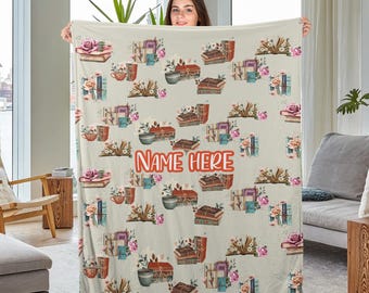 Personalized Book Blanket,Book&Flower Blanket,Custom Name Soft Cozy Sherpa Fleece Throw Blankets,Gift For Reading Lover,Bookworm,Nerd BXLJ13