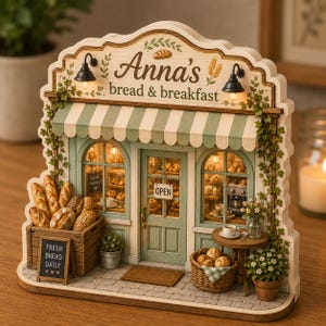 May include: A miniature wooden bakery storefront sign titled Anna's bread & breakfast with a green and white striped awning, two small black lamps, and a wooden crate filled with bread loaves. The display features a door with an open sign, a small table with a cup, and potted plants.