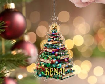 Personalized Christmas Book Tree Name Ornament, Bookworm Gifts, Book Ornament, 2025 Christmas Ornaments-Flat Printed Acrylic D2LW16