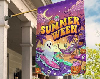 Summerween Garden Flag Skeleton Yard Decor Funny Summer Garden Decor Outdoor Sign Halloween Lawn Decor Summer Halloween Yard Flag C1IC09