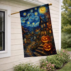 May include: A rectangular garden flag featuring a vibrant, painterly scene of a night sky with swirling blue clouds, a crescent moon, and glowing stars above a house, a stone path, and two illuminated jack-o'-lanterns on stone steps.