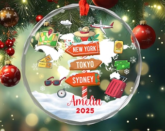 Personalized Travel Adventure Glass Ornament, Custom Traveling Destination Ornament, Travel Gift, Christmas Gift, Gift for Travelers NGWW14
