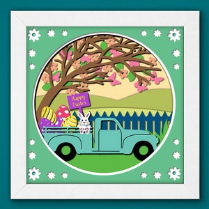 Lapin mignon Joyeuses Pâques Shadow Box 3D Svg, oeuf de camion 3D, lapin Pâques Svg, caisson lumineux de jour de Pâques, art cartonné en couches, modèle de boîte ombrée