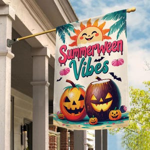 May include: A decorative outdoor flag with the words "Summerween Vibes" in pink and teal. The flag features a smiling sun, palm fronds, bats, and jack-o'-lanterns in orange and brown. The flag is hanging on a porch.