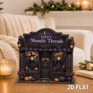 May include: A decorative miniature shop facade titled Lucy's Moonlit Threads, featuring a dark purple and black color scheme, two illuminated lanterns, two mannequins in dresses, and several pumpkins arranged at the base of the storefront.