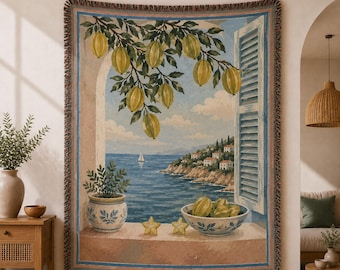 Coastal Lemon Woven Blanket, Mediterranean Throw Blanket, Vintage Sea View Wall Tapestry, Cottagecore Home Decor BRD-XG115