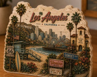 Los Angeles Wooden Block Decor, California Travel Souvenir Desk Decor, Hollywood Venice Beach Wood Sign, LA Gift, Coastal Shelf NRD-NTH23