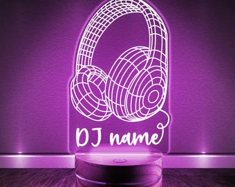 Custom Name 2D Headphone Led Light Wooden Base, Custom Headset Gift, DJ Room Decor,DJ Custom Name, DJ Night Light Decor, Gift for him JCJK27
