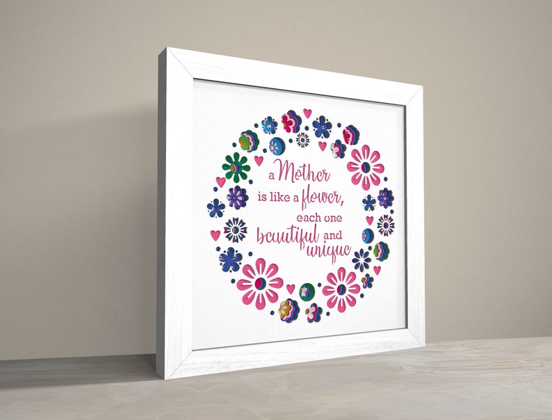 May include: White framed print with a pink, blue, and green floral design. The text reads "A Mother is like a flower, each one beautiful and unique."