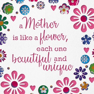 May include: A white card with a pink floral border and the text "a Mother is like a flower, each one beautiful and unique".