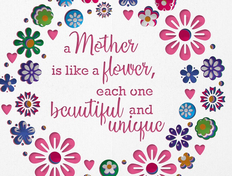 May include: A white card with a pink floral border and the text "a Mother is like a flower, each one beautiful and unique".