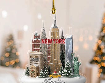 Custom Name New York 2D FLAT Acrylic/Wood Ornament, Empire State Building Ornament, Personalized NYC Souvenir for Travelers NGXC15