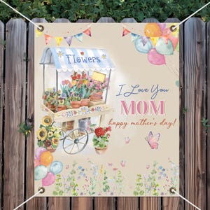 Happy Mother’s Day Banner – Flower Cart Backdrop for Spring Decor, Custom Text & Size Option – JCMK17