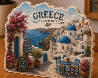 Greece Wooden Block Decor, Santorini Travel Souvenir Desk Decor, Greek Island Coastal Sign, Mediterranean Shelf Decor, Greece Gift NRD-NTH24